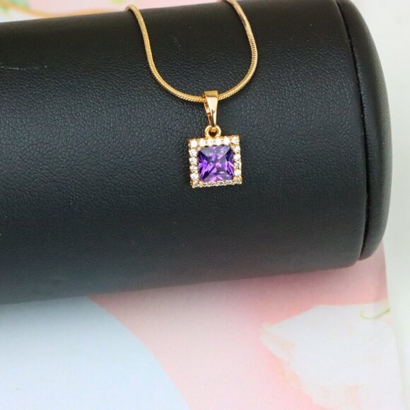 "Rose Gold Pendant with Purple Princess-Cut Stone and Crystal Border, XPPT1277 - Picture 5 of 13
